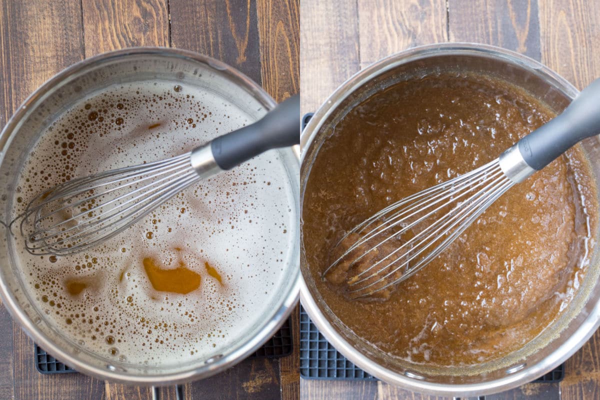 Saucepan of brown butter next to a saucepan of brown sugar and brown butter.