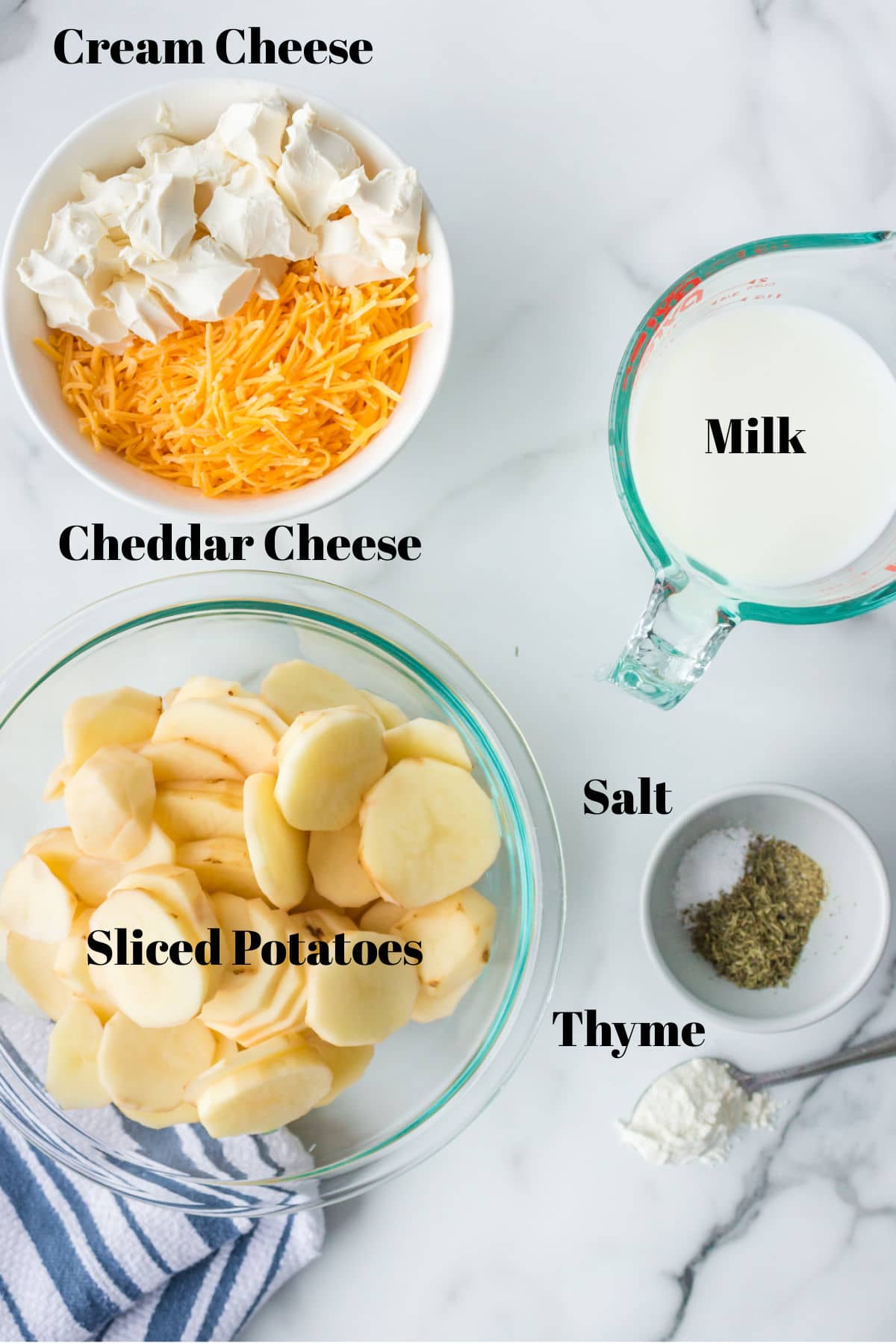 Photo of ingredients for cream cheese scalloped potatoes with labels on the items.