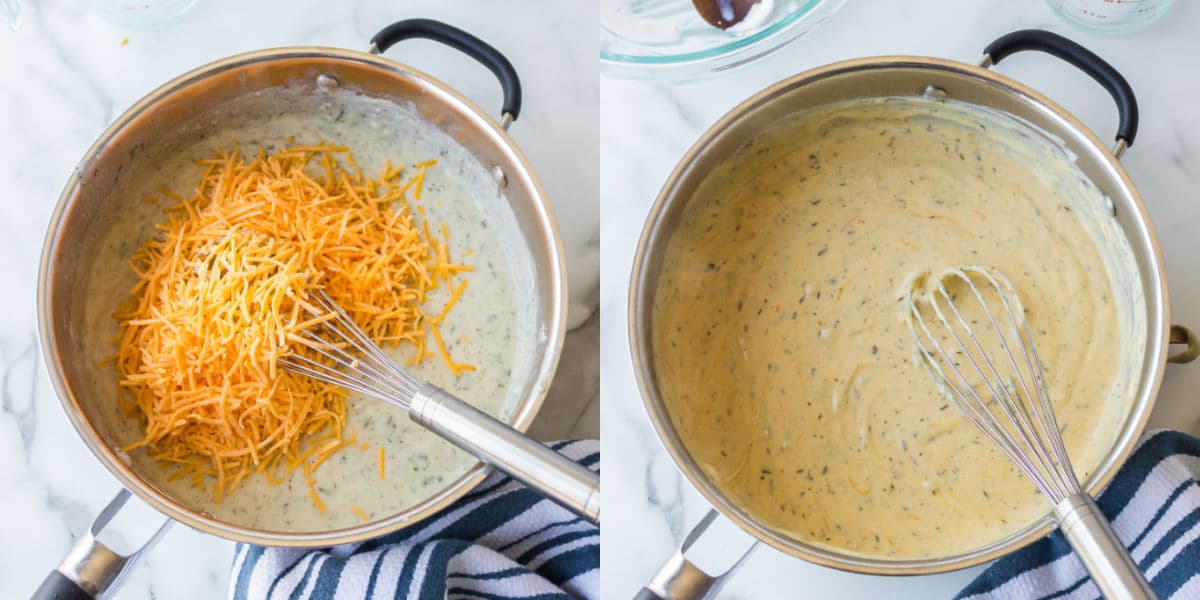 Cheese melting in cheese sauce in a silver saucepan.