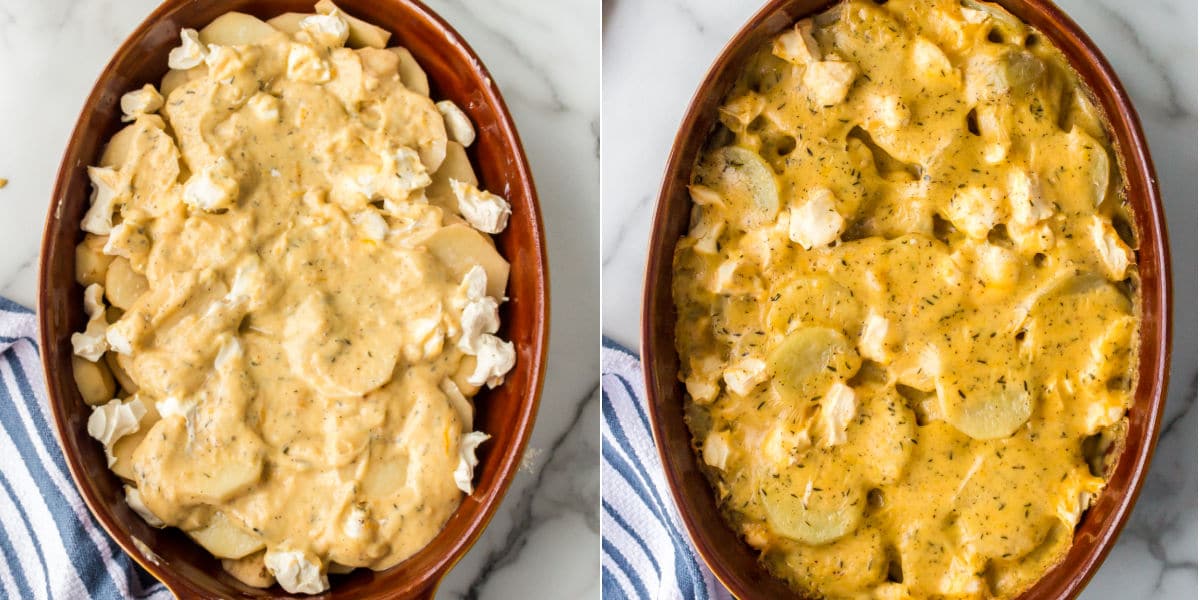 Photo of unbaked cream cheese scalloped potatoes next to a photo of baked scalloped potatoes. 