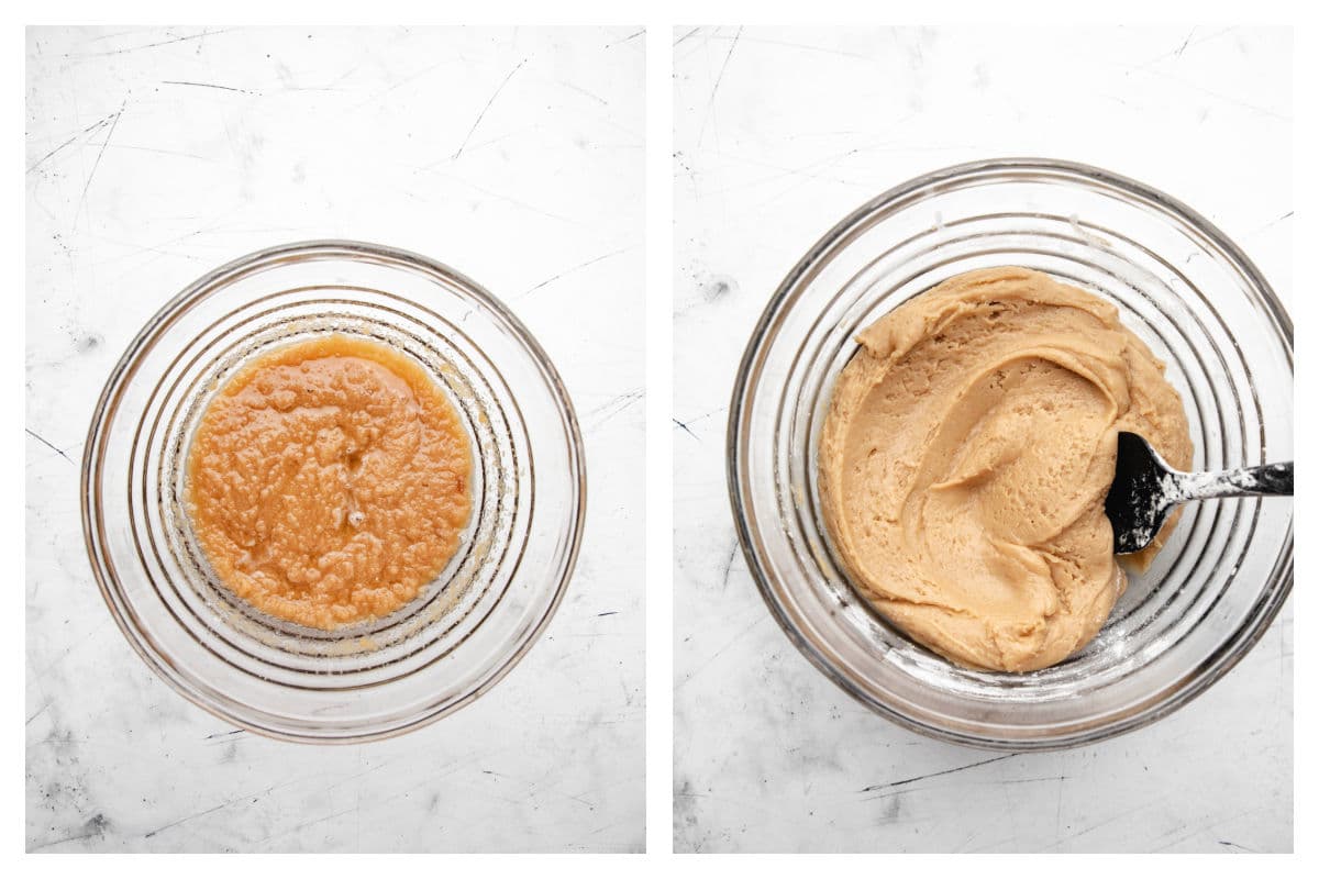 Brown sugar sitting in brown butter next to brown butter chocolate chip cookie dough in a bowl.
