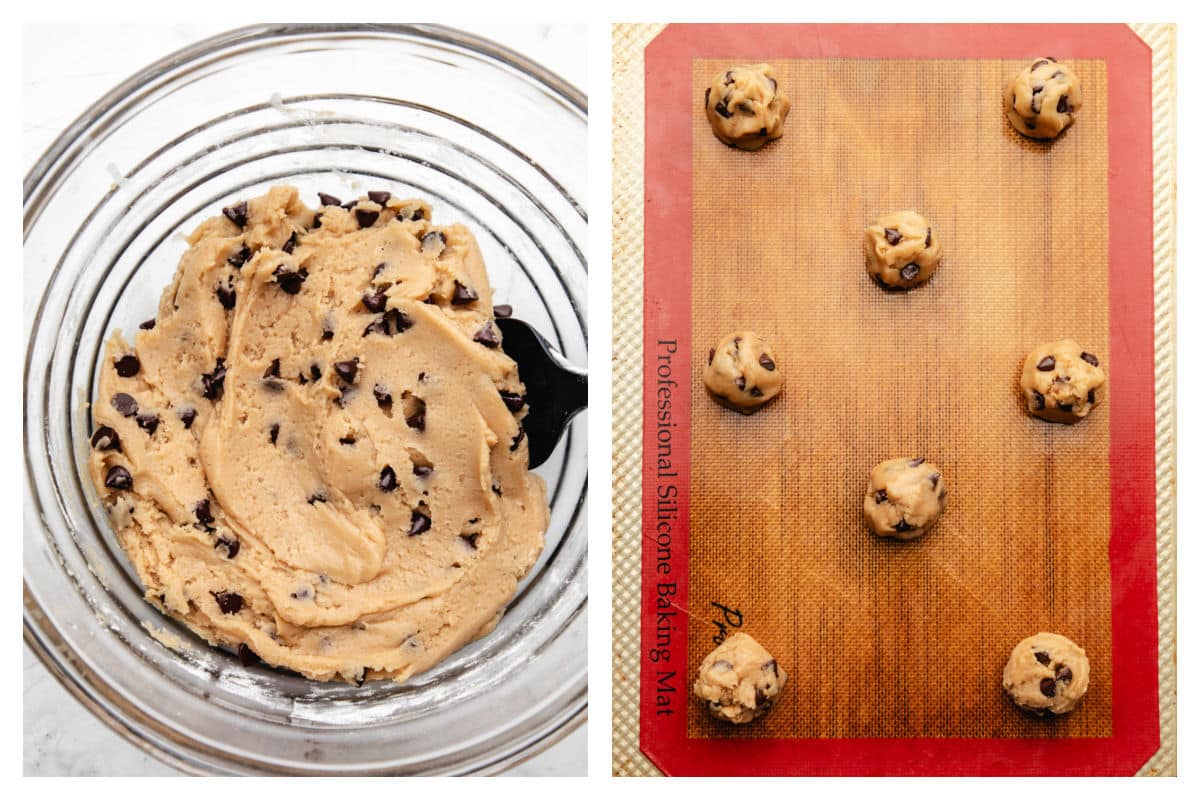 Chocolate chip cookie dough in a mixing bowl next to dough balls on a baking sheet.