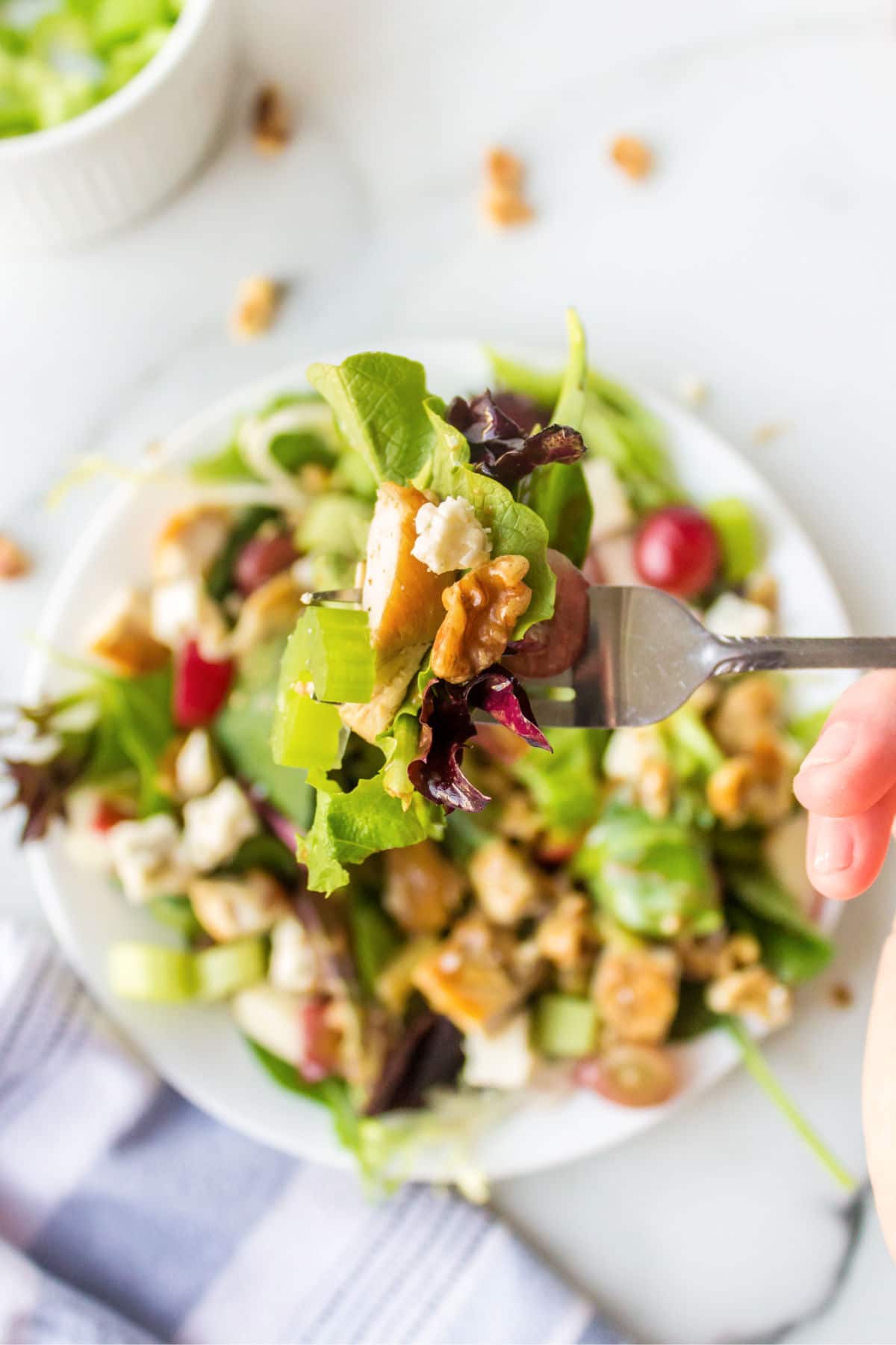 Fork holding a bite of waldorf salad. 