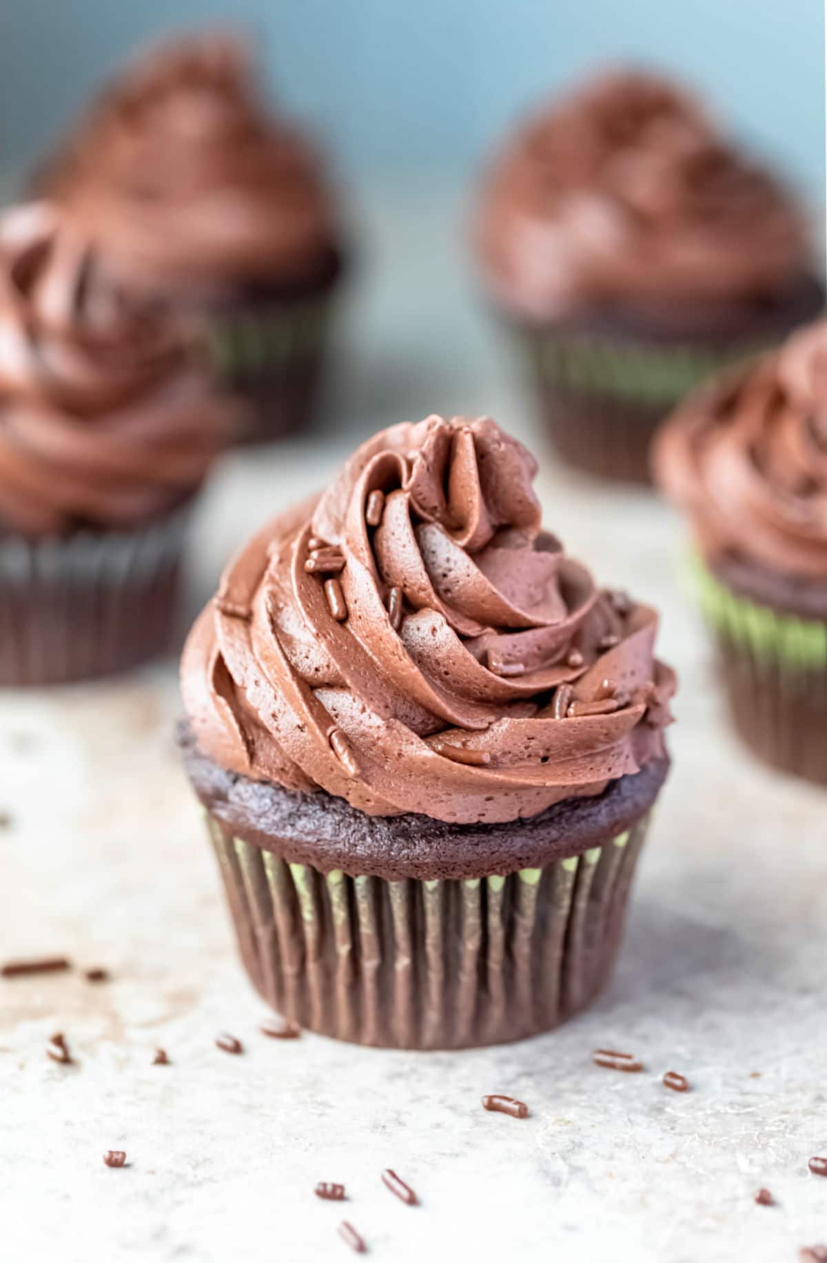 Five chocolate cupcakes topped with chocolate buttercream frosting. 