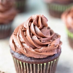 Chocolate cupcake with a swirl of chocolate buttercream frosting and chocolate sprinkles.