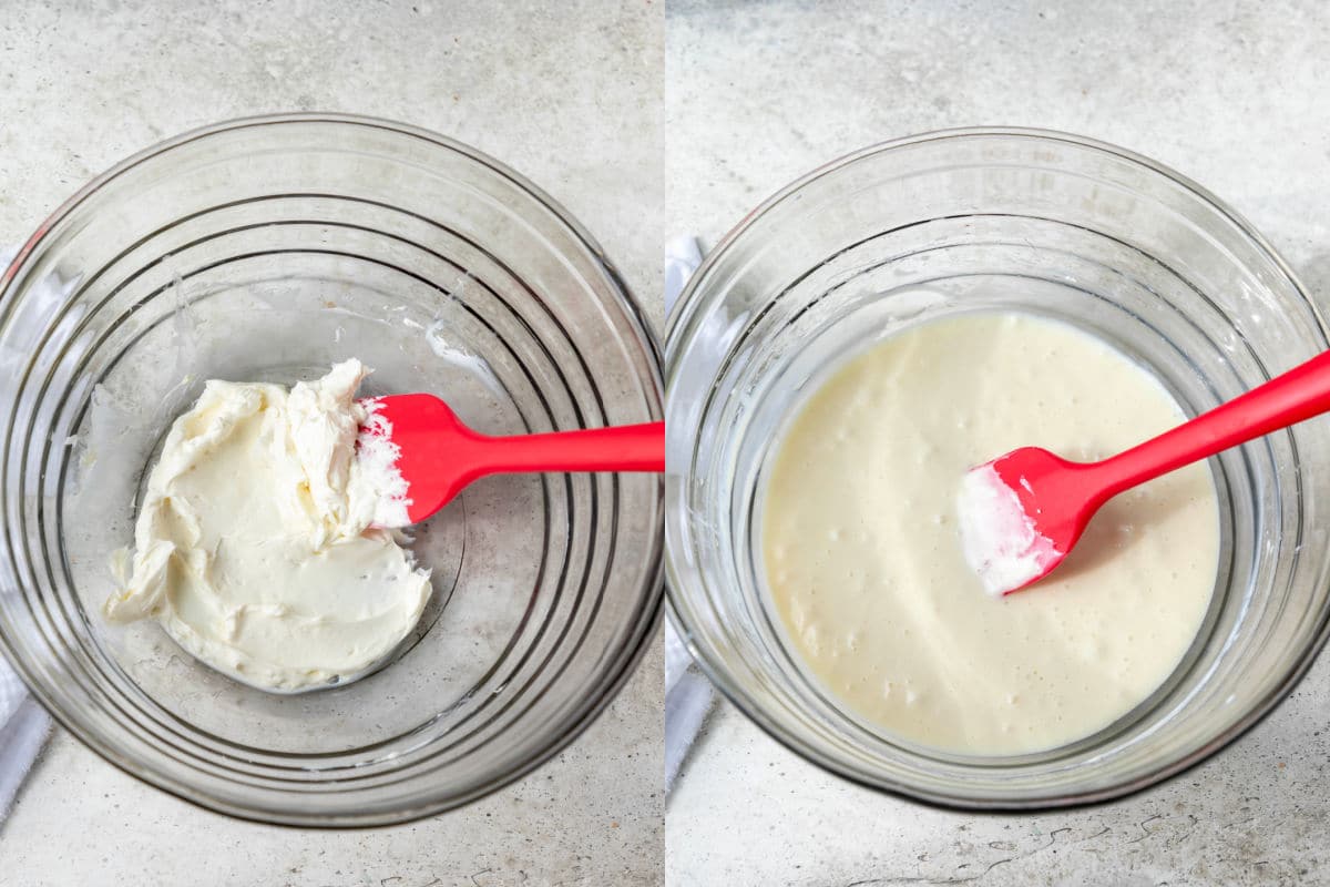 Side by side photos of cream cheese in a glass mixing bowl and cream cheese and a cream cheese mixture in a glass mixing bowl.