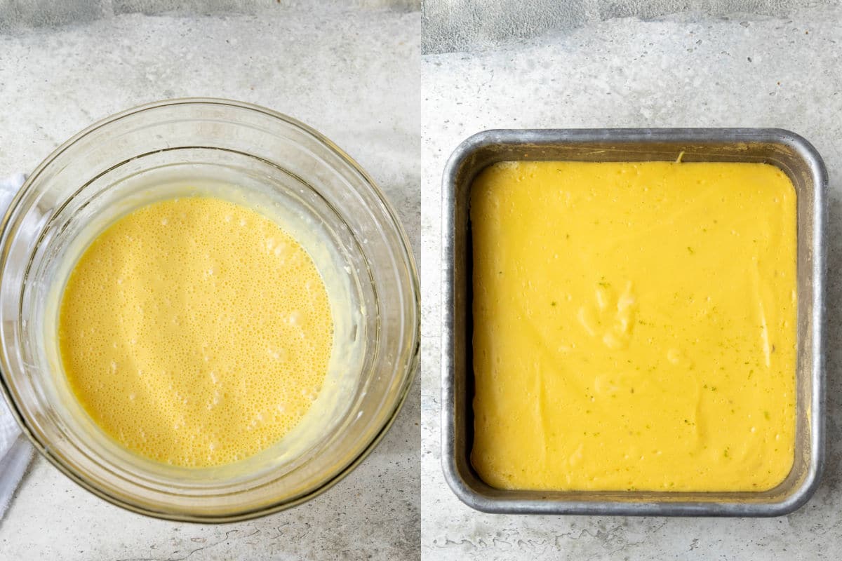 Side by side photos of key lime pie bar batter in a mixing bowl and the baked bars in a pan.