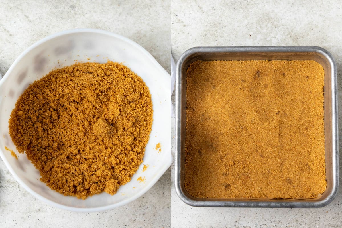 Side by side photos of graham cracker crumbs in a mixing bowl and graham cracker crumb crust in a baking dish.