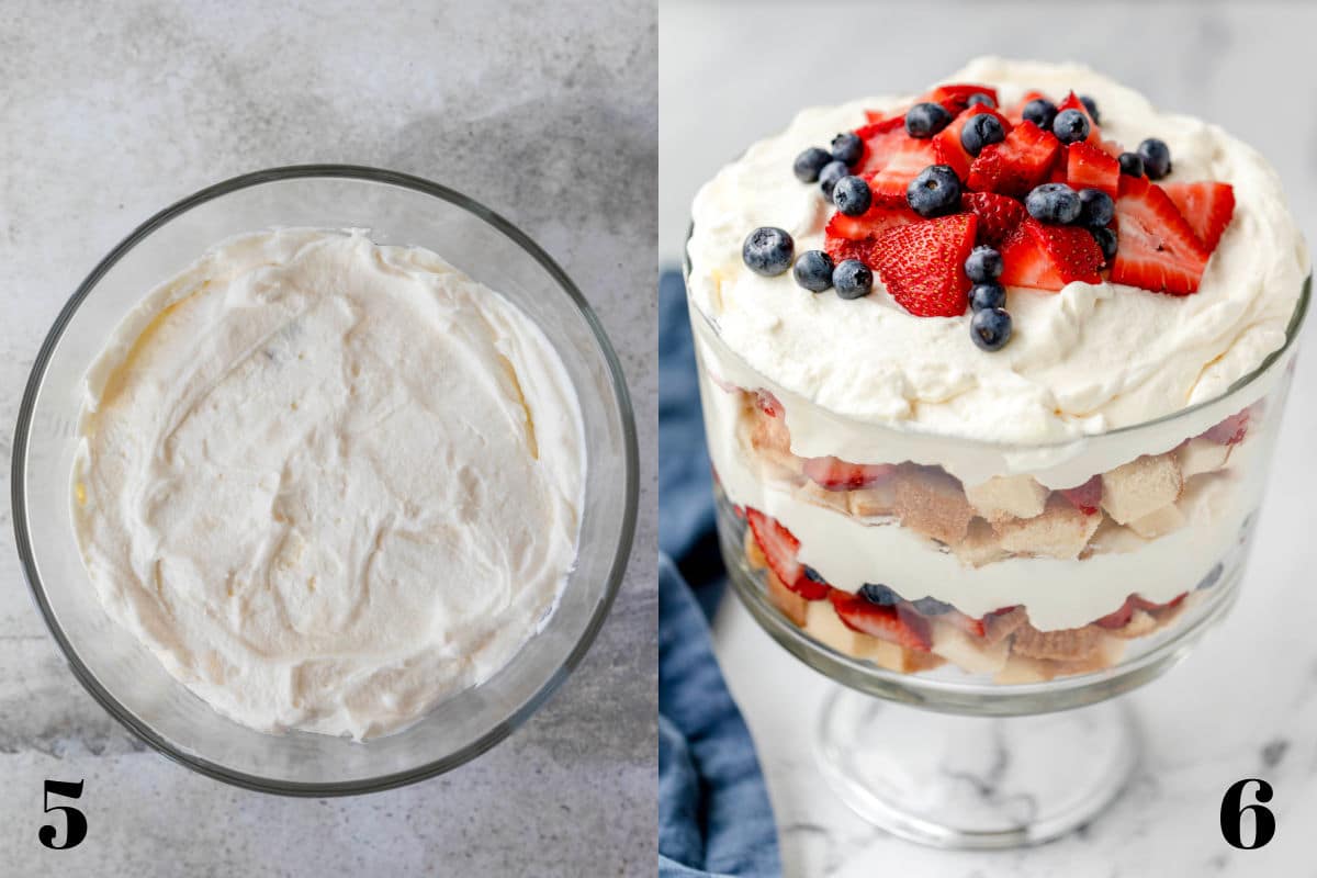 Side by side photos of cream in a trifle dish next to a photo of a completed berry trifle. 