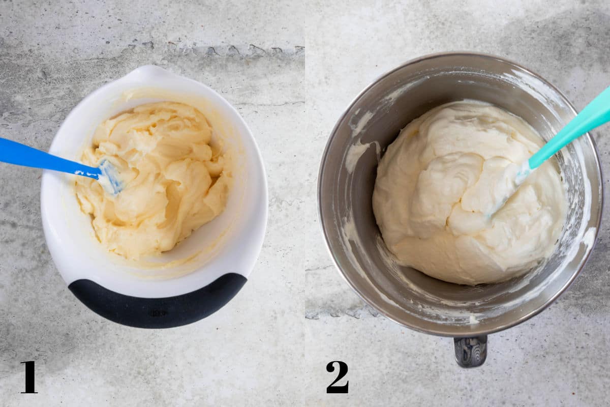 Side by side photos of pudding mix and milk in a mixing bowl and whipped cream in a mixing bowl.