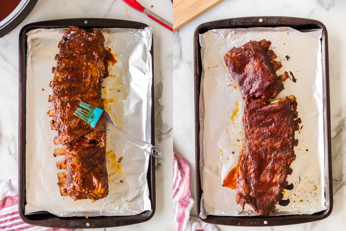 Side by side photos of ribs being brushed with bbq sauce and ribs just after broiling. 