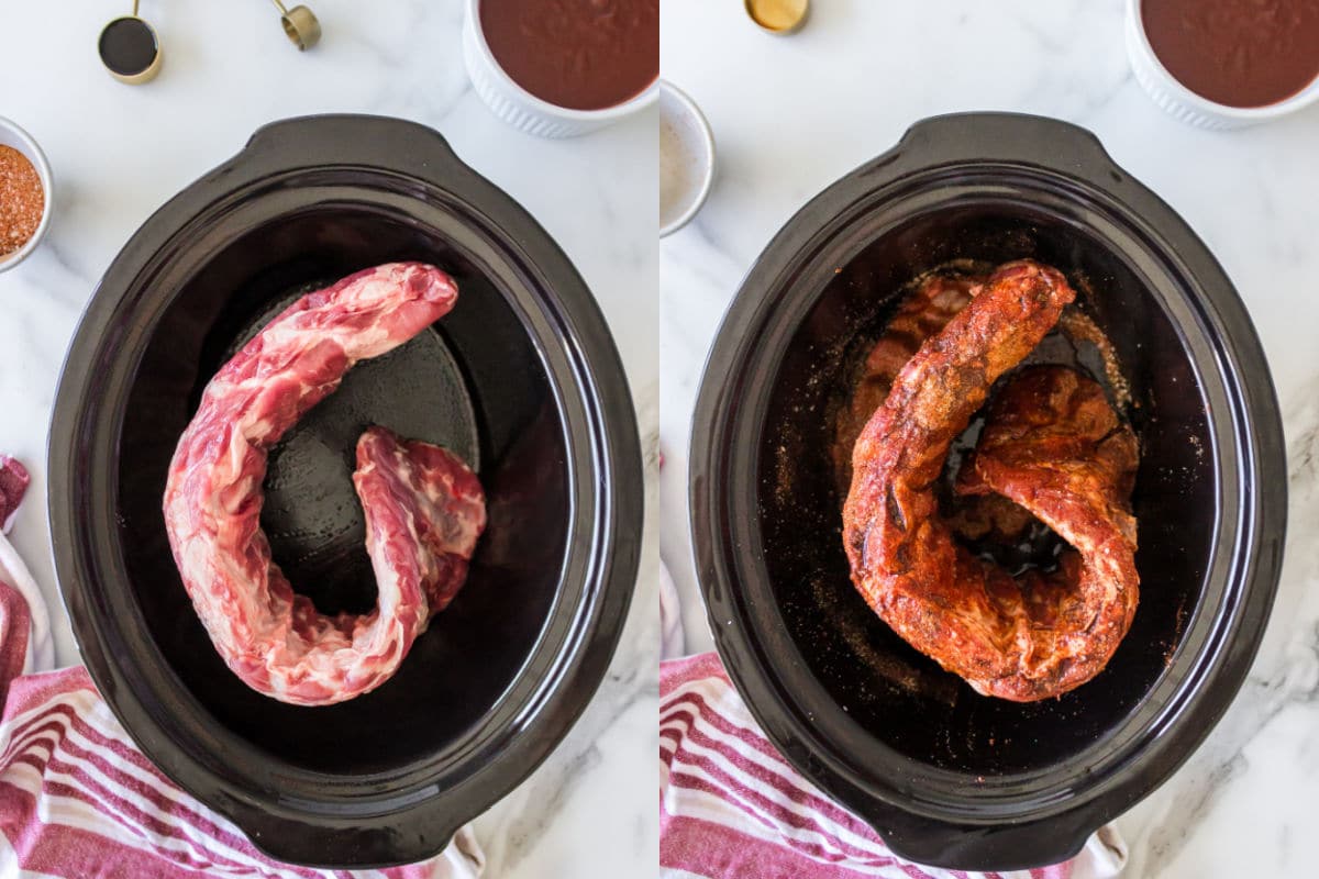 Photos of rack of ribs on its side in a slow cooker insert and rack of ribs coated in bbq sauce. 