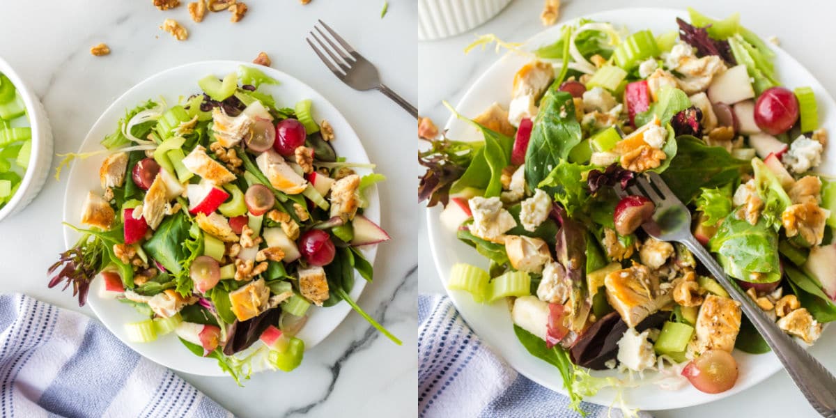 Side by side photos of a waldorf salad on a white plate. 