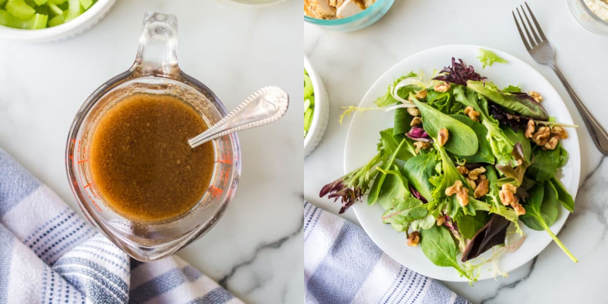 Photos of dressing in a glass measuring cup next to a plate of leaves topped with walnuts. 