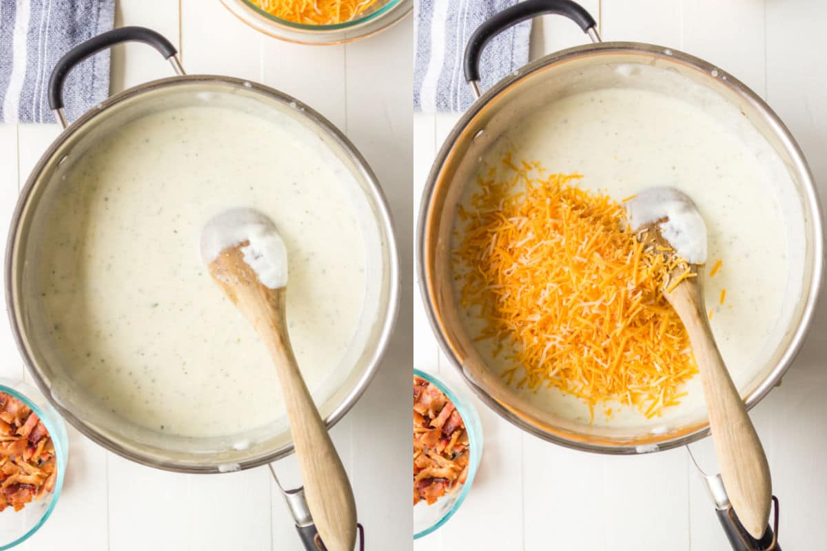 Side by side photos of milk sauce with sour cream and cheese in milk sauce.