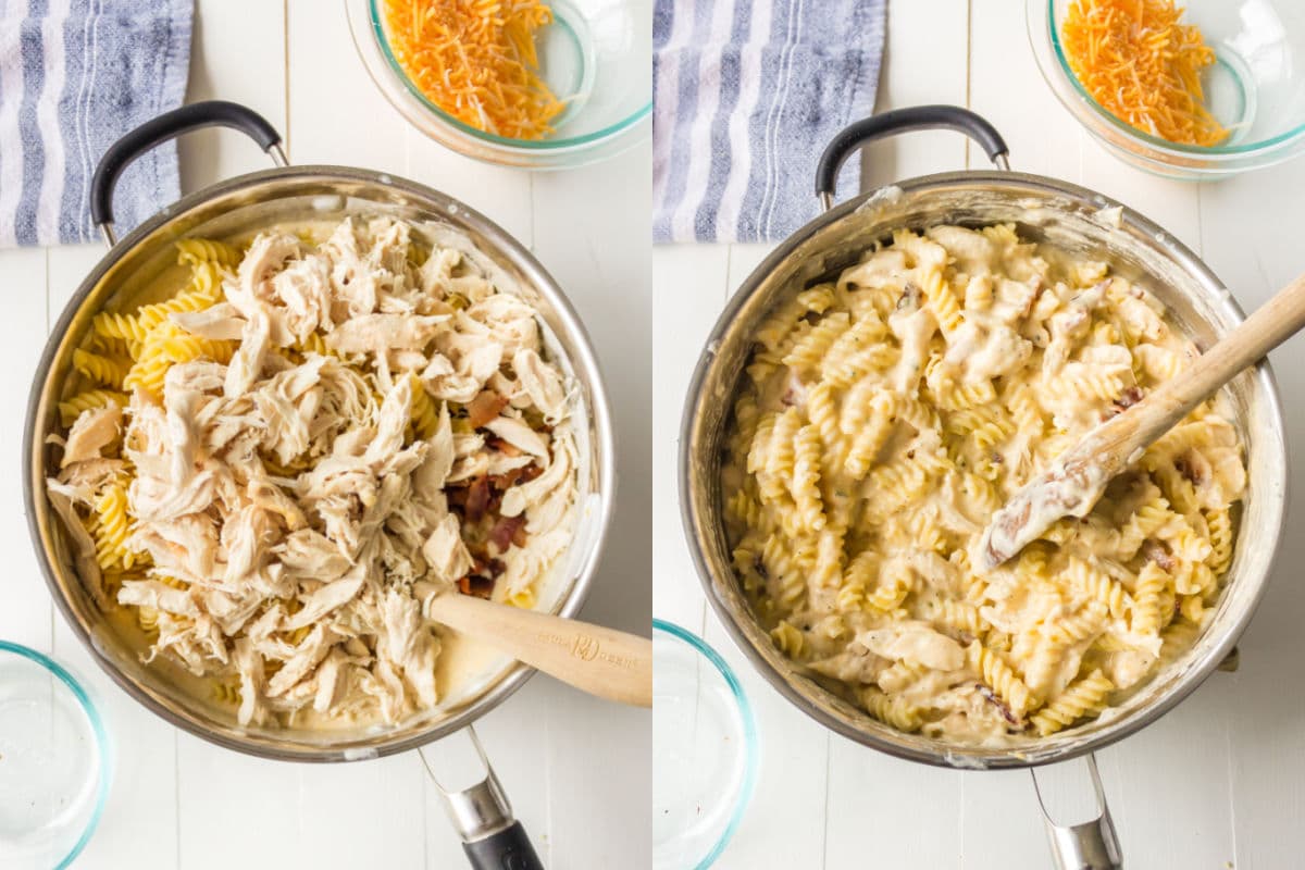 Side by side photos of chicken bacon and pasta in cheese sauce.