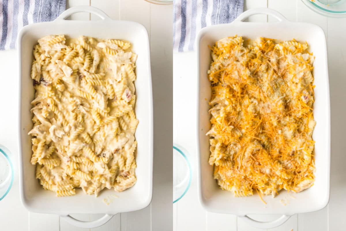 Side by side photos of chicken bacon ranch pasta in a baking dish and the pasta covered in cheese in a baking dish.