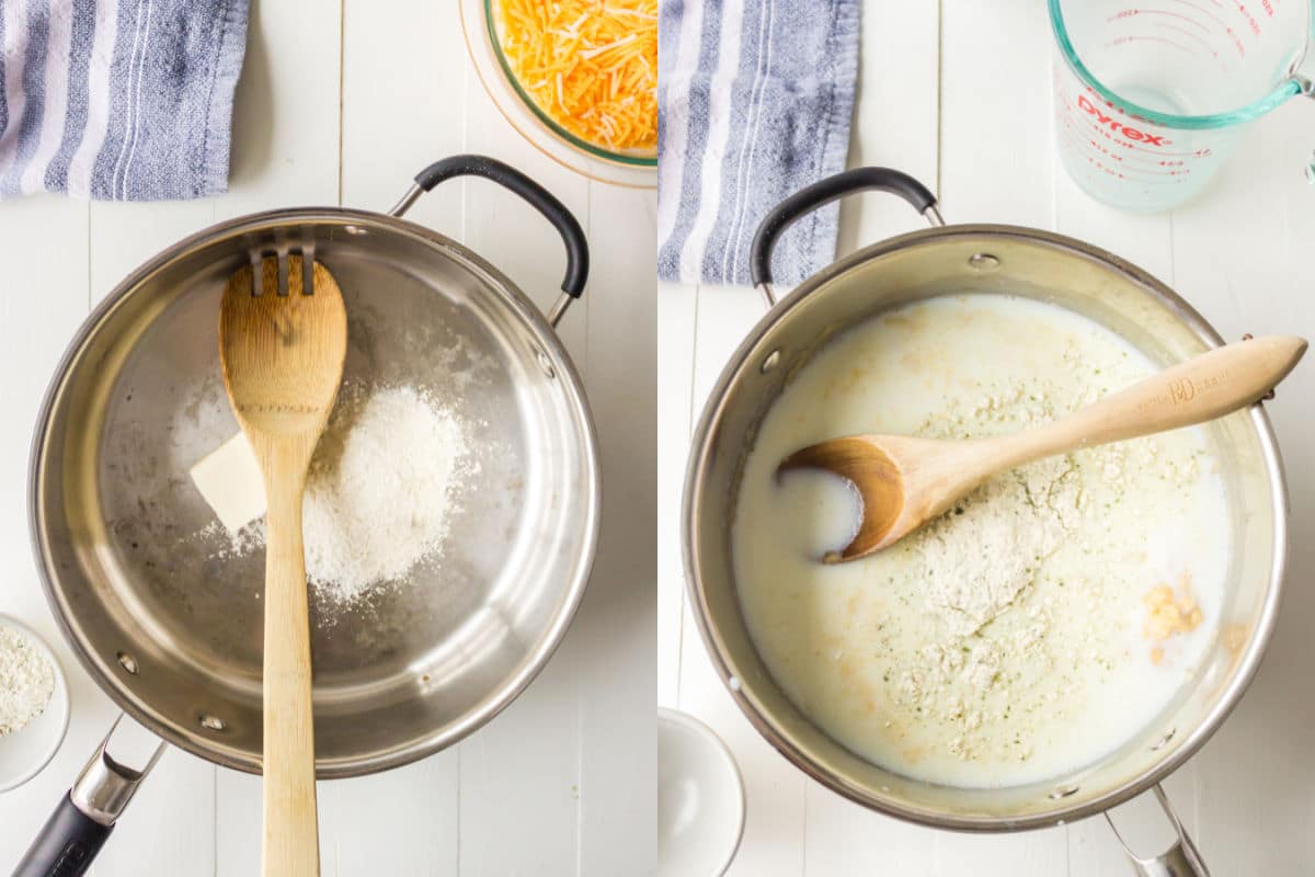 Side by side photos of a skillet with melted butter and flour and milk in a skillet.