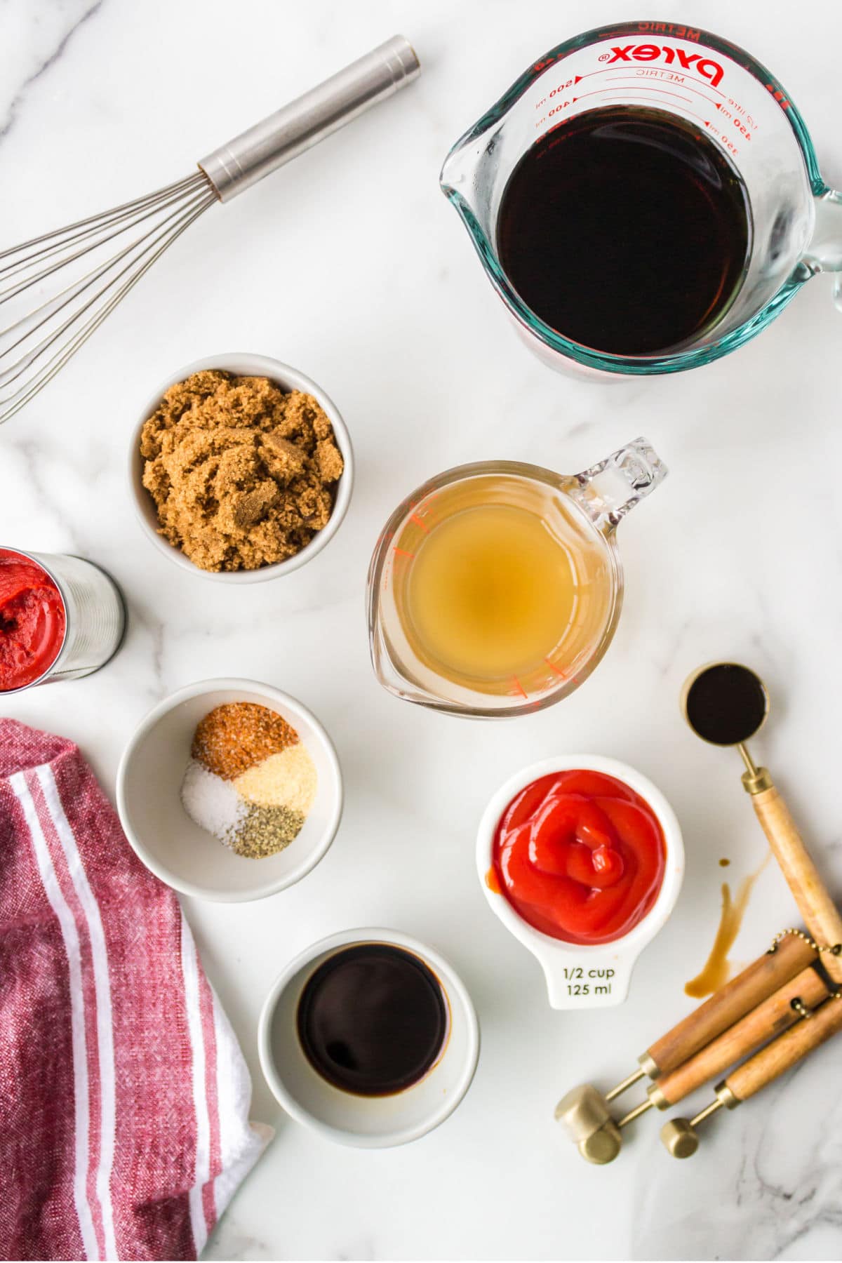 Ingredients for Dr Pepper barbecue sauce in dishes. 