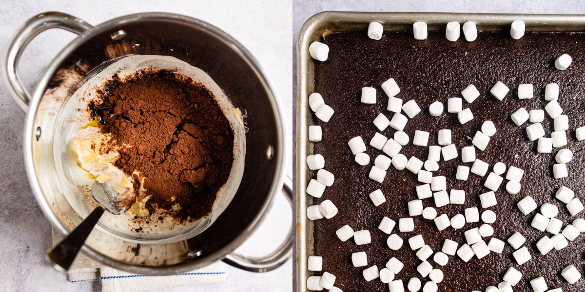 Side by side pictures of icing ingredients and marshmallows on a baked chocolate cake.