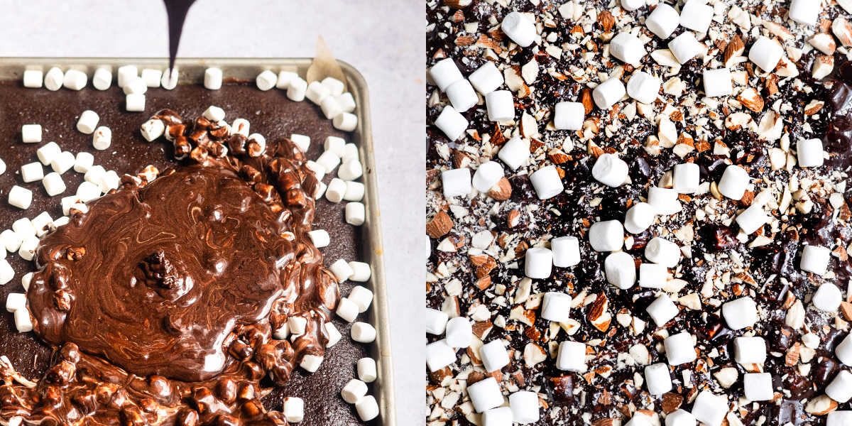 Side by side photos of icing pouring onto a chocolate cake and the chocolate cake with chopped almonds and marshmallows on it.