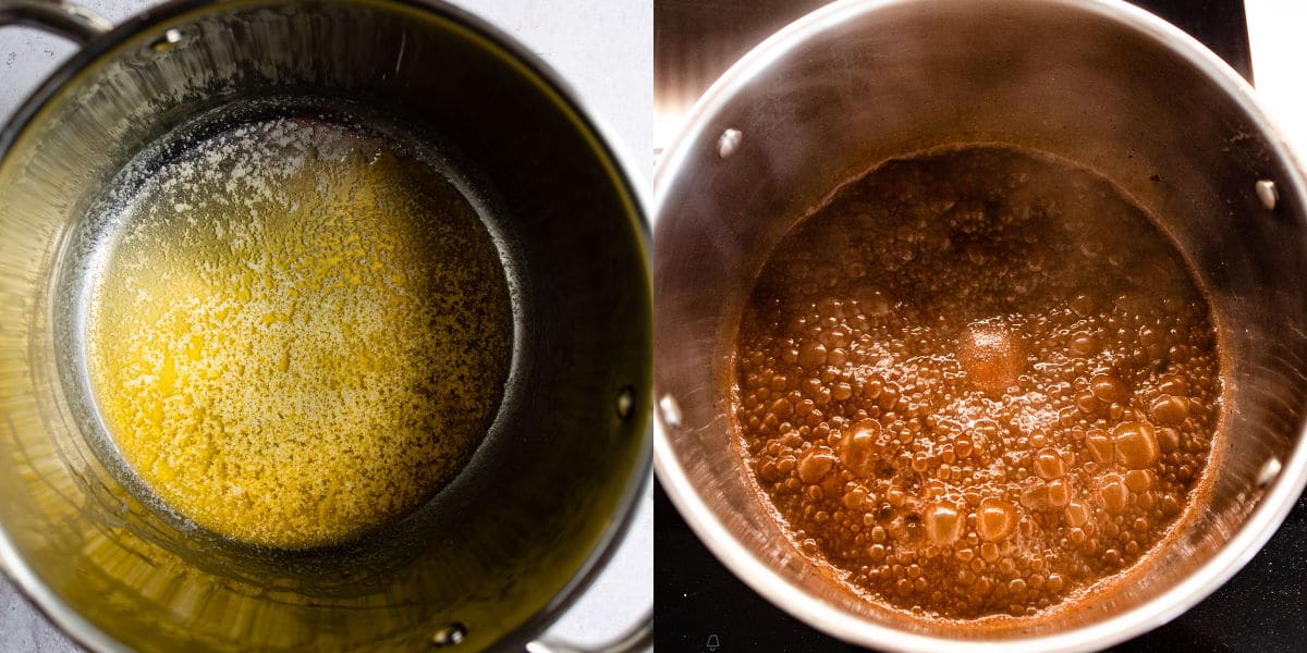 Side by side photos of melted butter and cocoa mixture in saucepans.