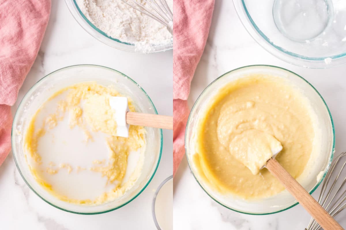 Side by side photos of milk stirred into batter and batter in glass bowls.