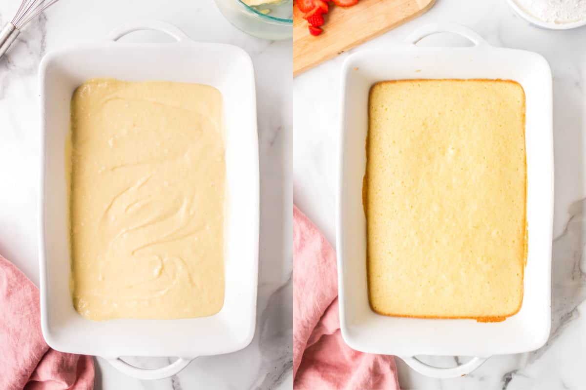 Batter and baked bars in a white baking pan.