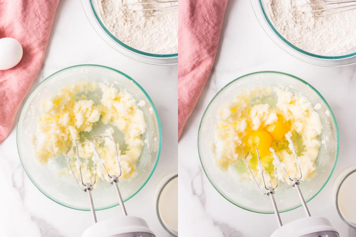 Side by side photos of creaming butter and adding eggs to creamed butter.