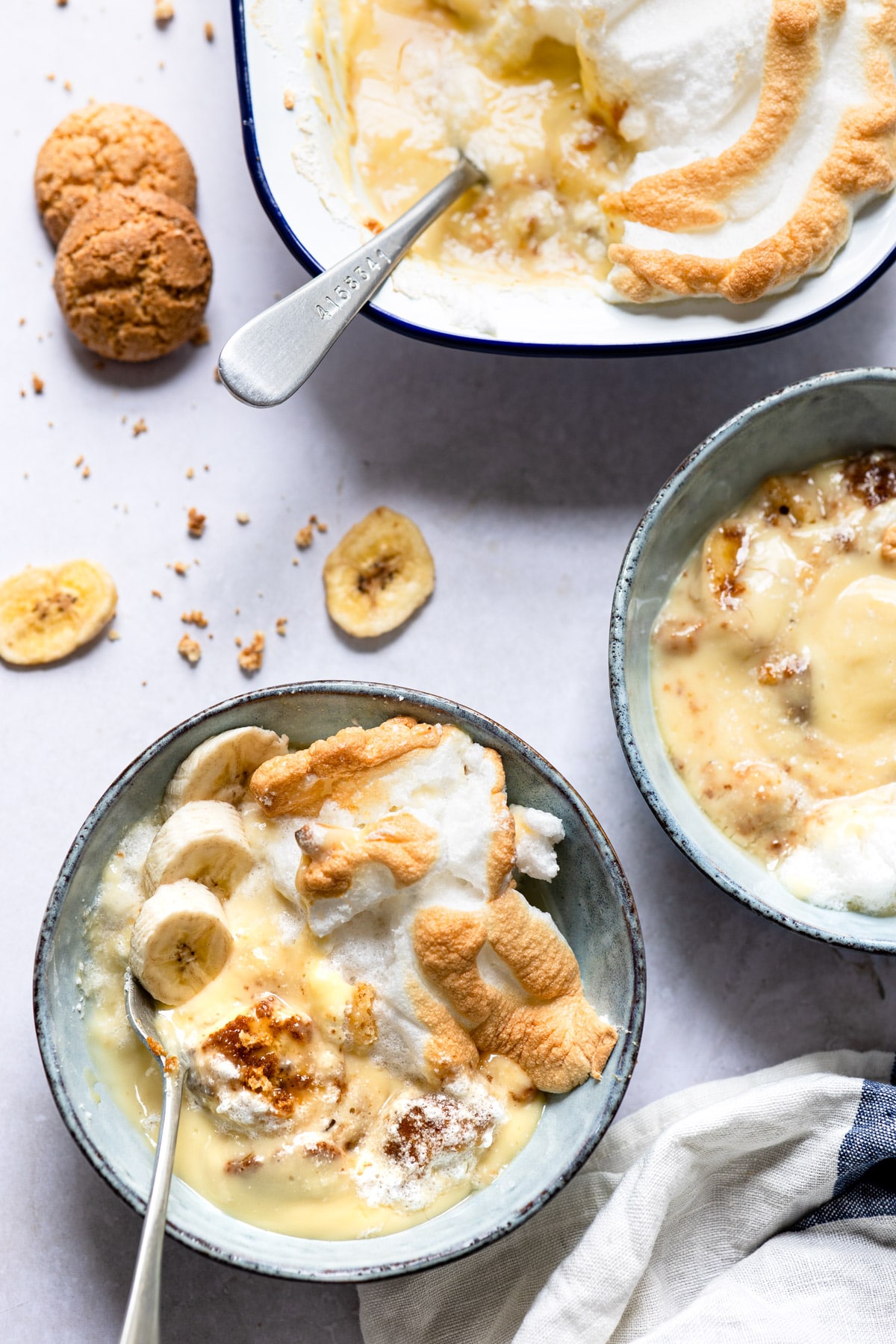 Old-fashioned banana pudding Dish of banana pudding with a spoon in it.