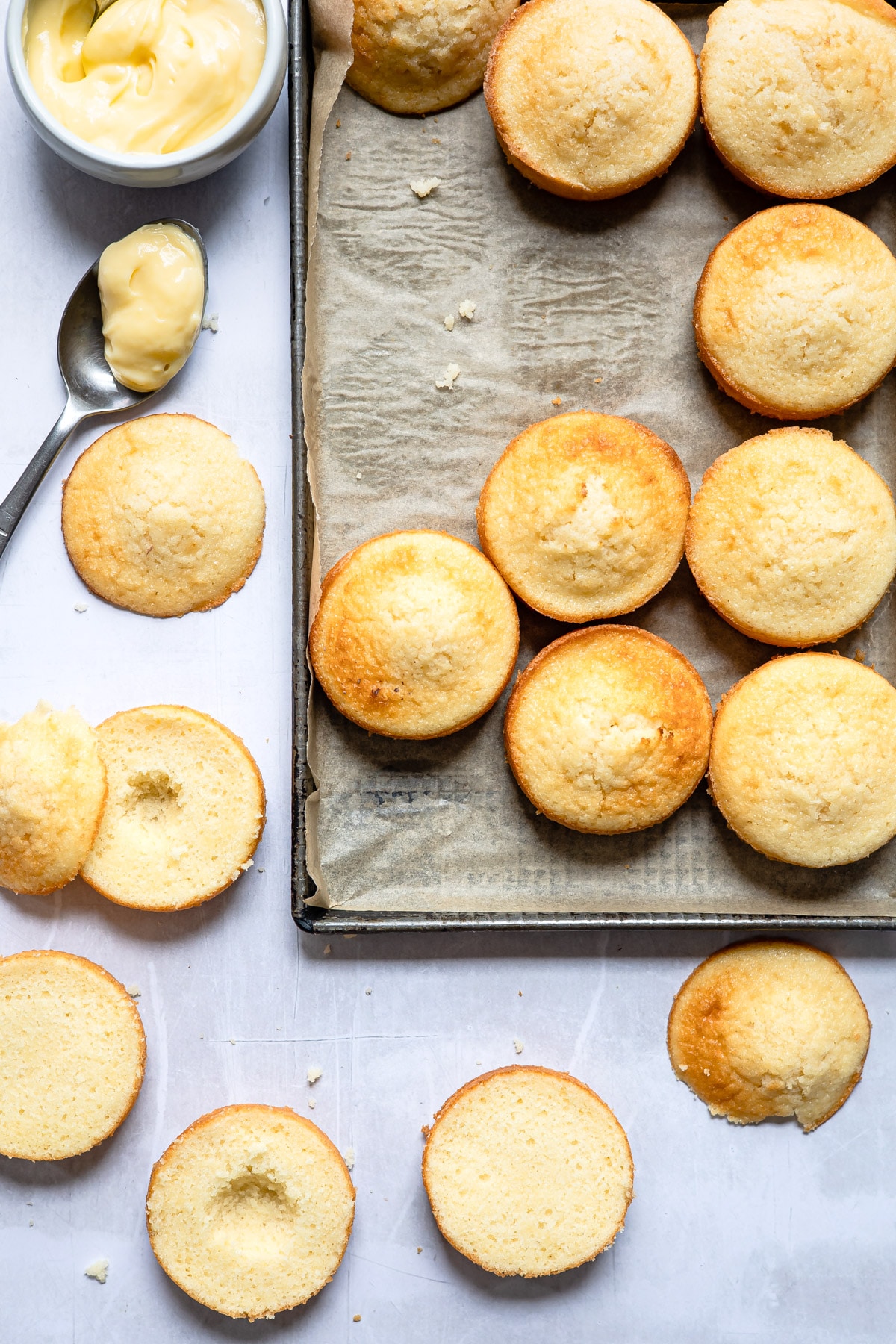 Partially filled Boston cream pie cupcakes. 