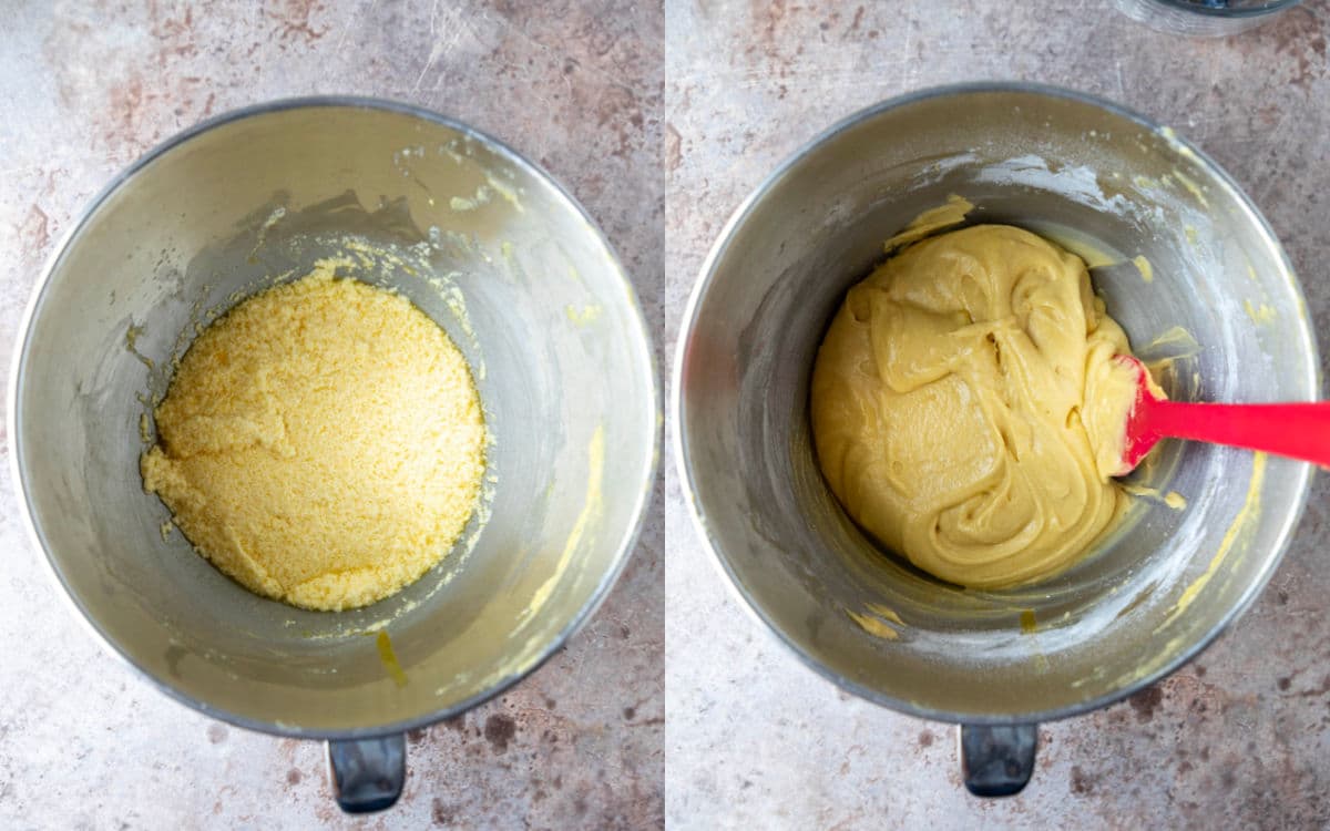 Side by side photos of blueberry muffin batter in a mixing bowl. 