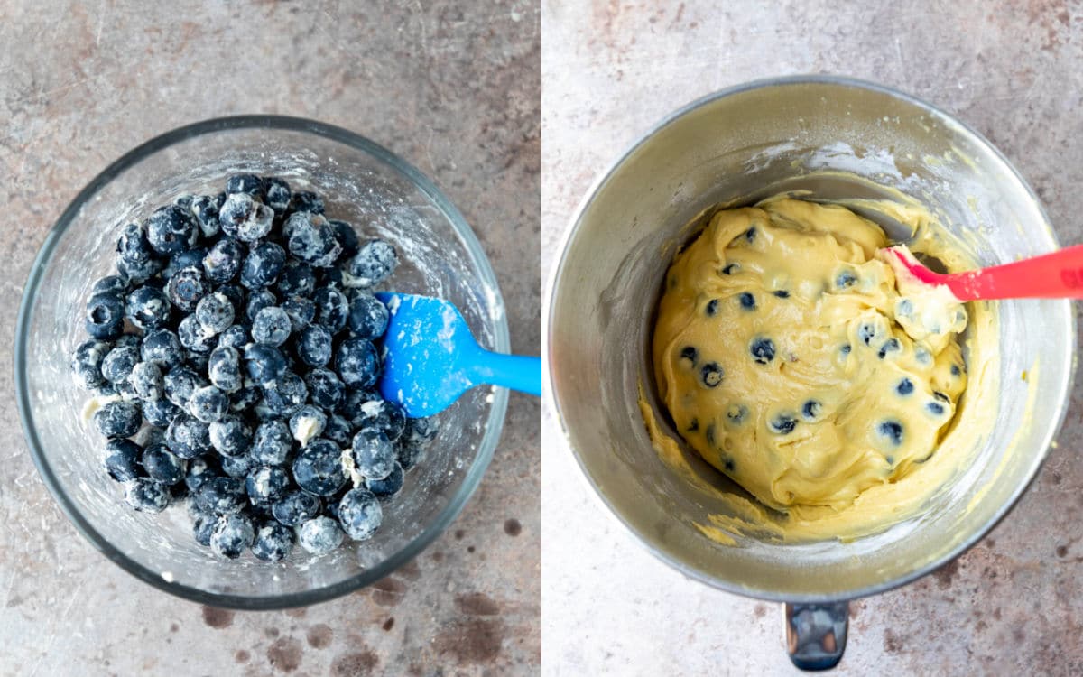 Flour coated blueberries in a bowl and blueberry muffin batter.