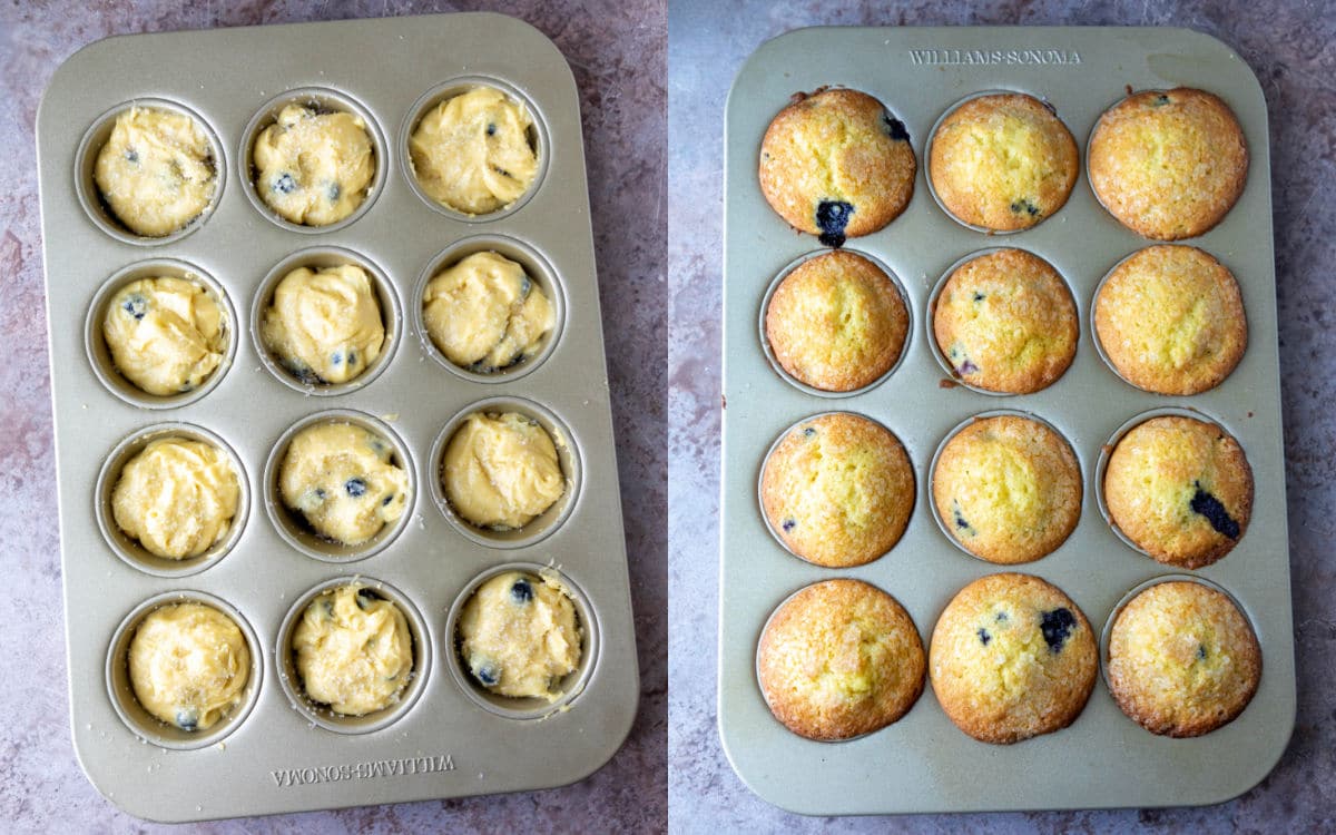 Side by side photos of unbaked and baked blueberry muffins.