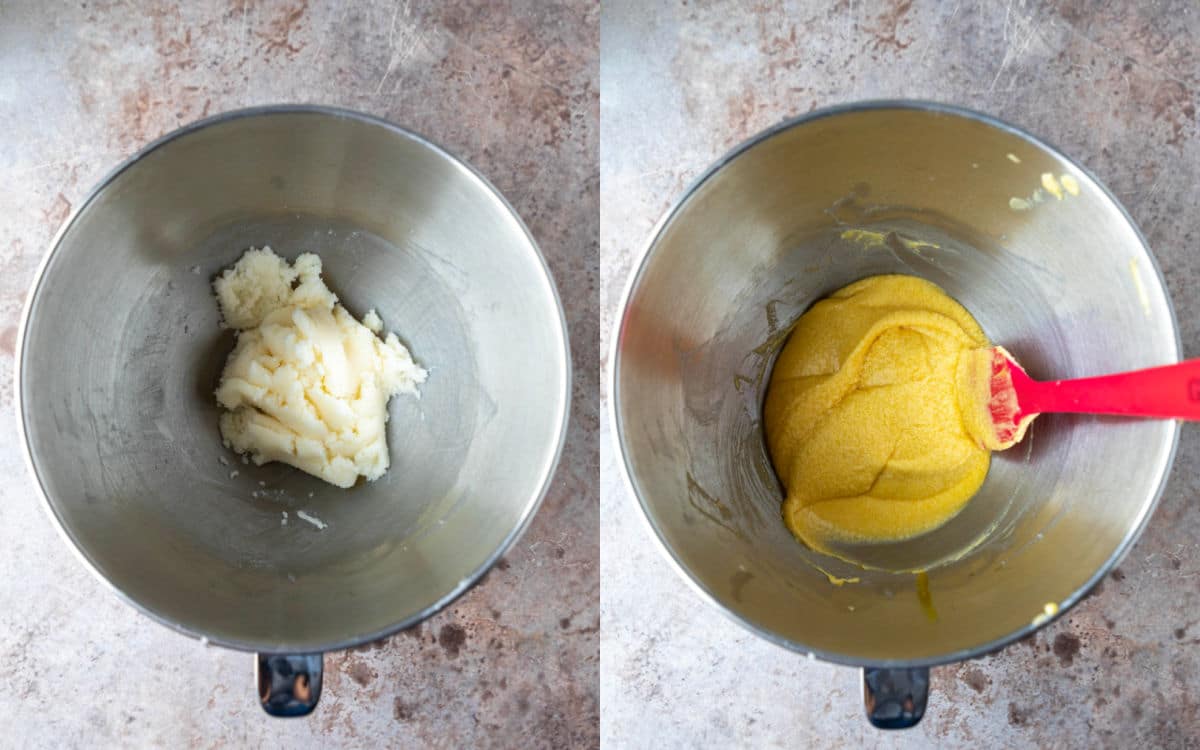 Side by side photos of creamed butter and creamed butter with eggs.