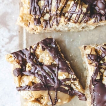 No bake peanut butter chocolate chex cereal treat sprinkled with sea salt.