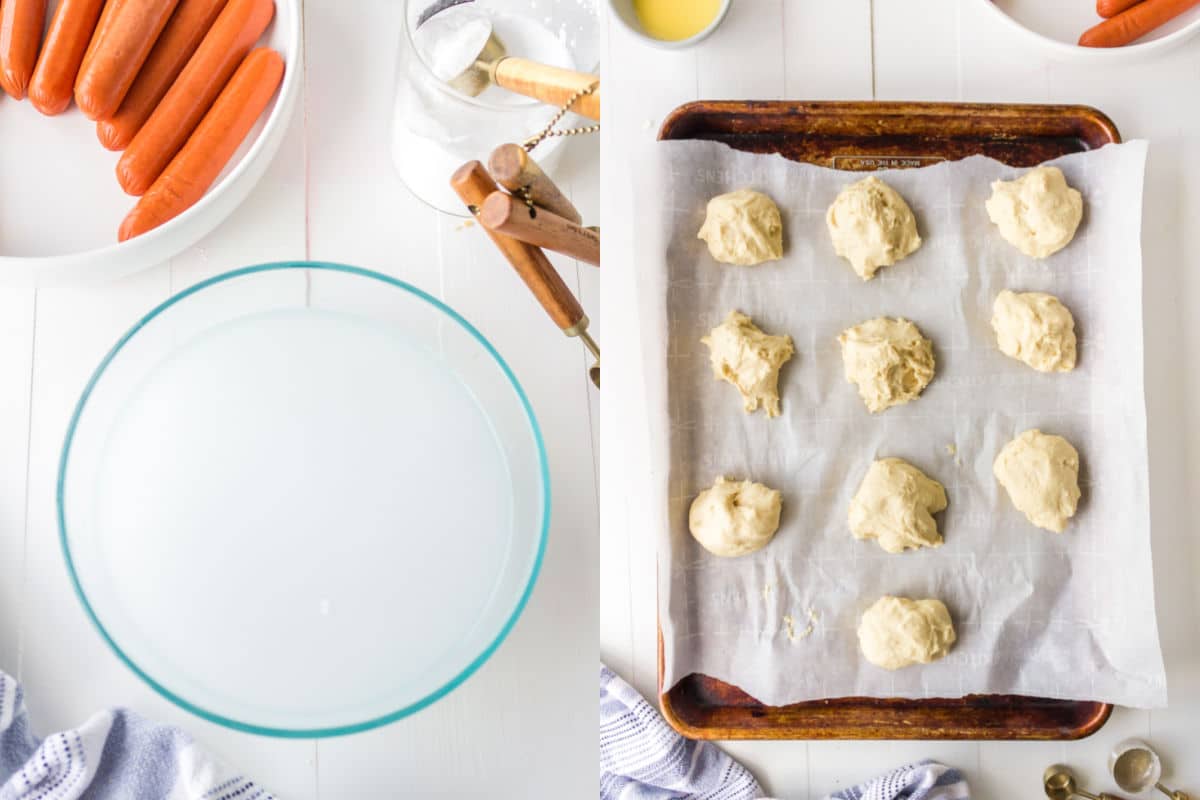 Side by side photos of baking soda bath and dough on a baking sheet. 