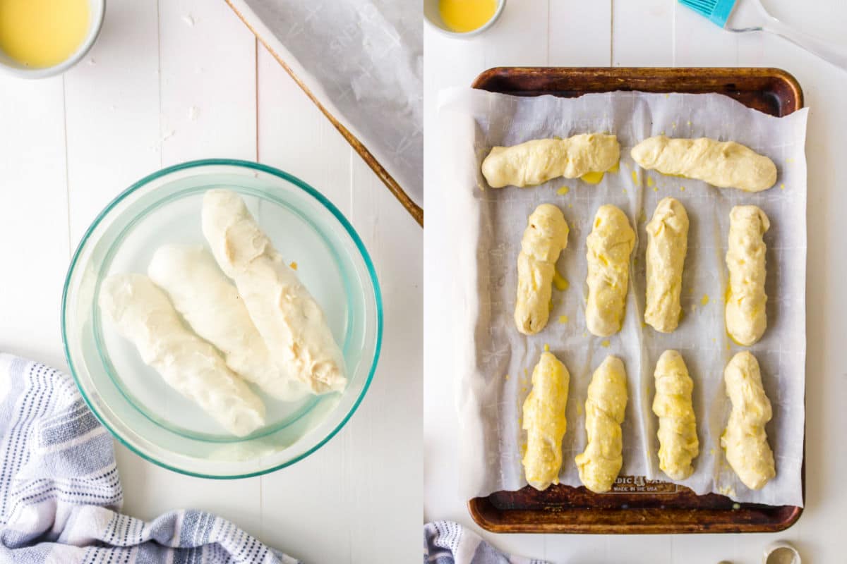 Side by side photos of pretzel dogs in a baking soda bath and on a baking sheet. 