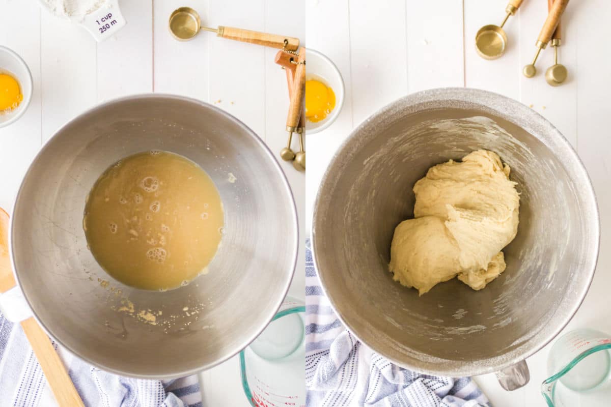 Side by side photos of proofing yeast and dough in a mixing bowl. 