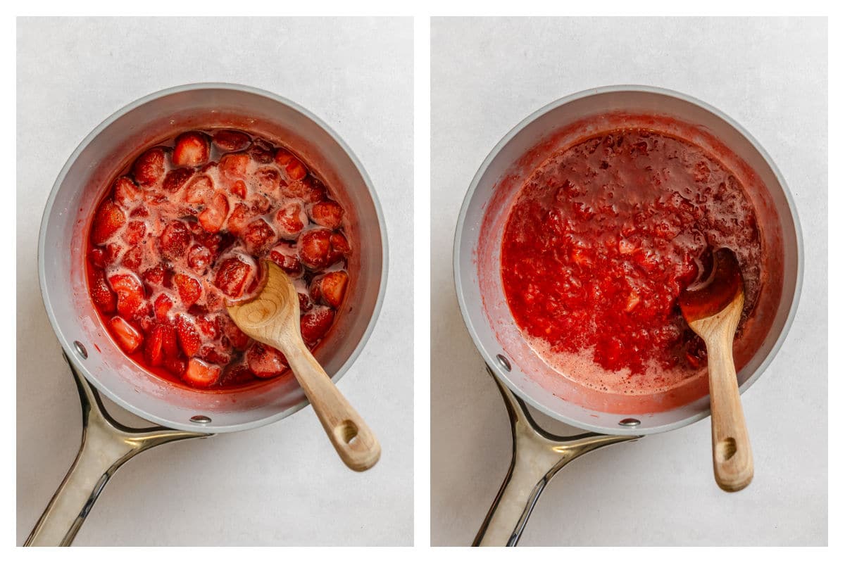 Cooked strawberry sauce in a saucepan.