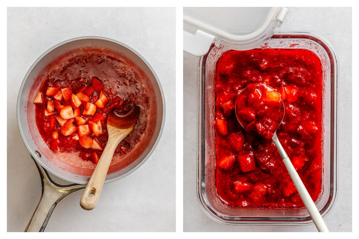 Chopped strawberries on strawberry sauce in a pan next to the sauce in a container.