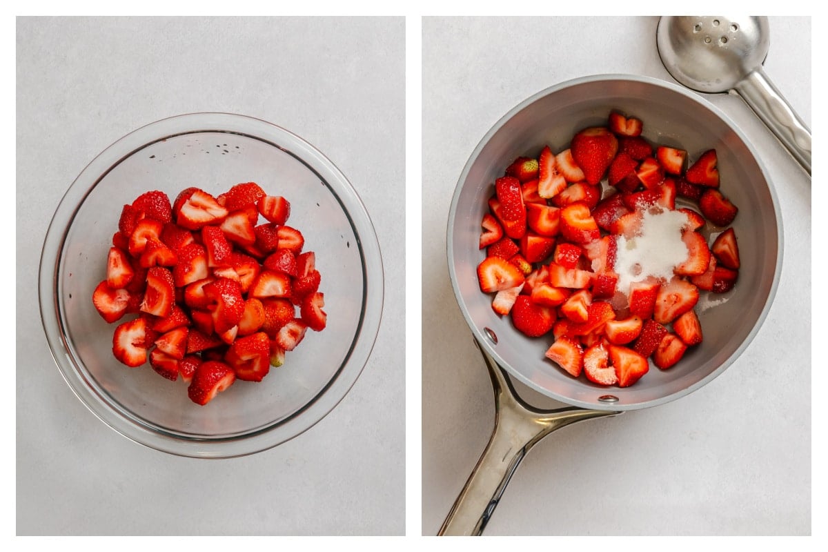 Cut strawberries in a bowl next to strawberries and sugar in a saucepan.