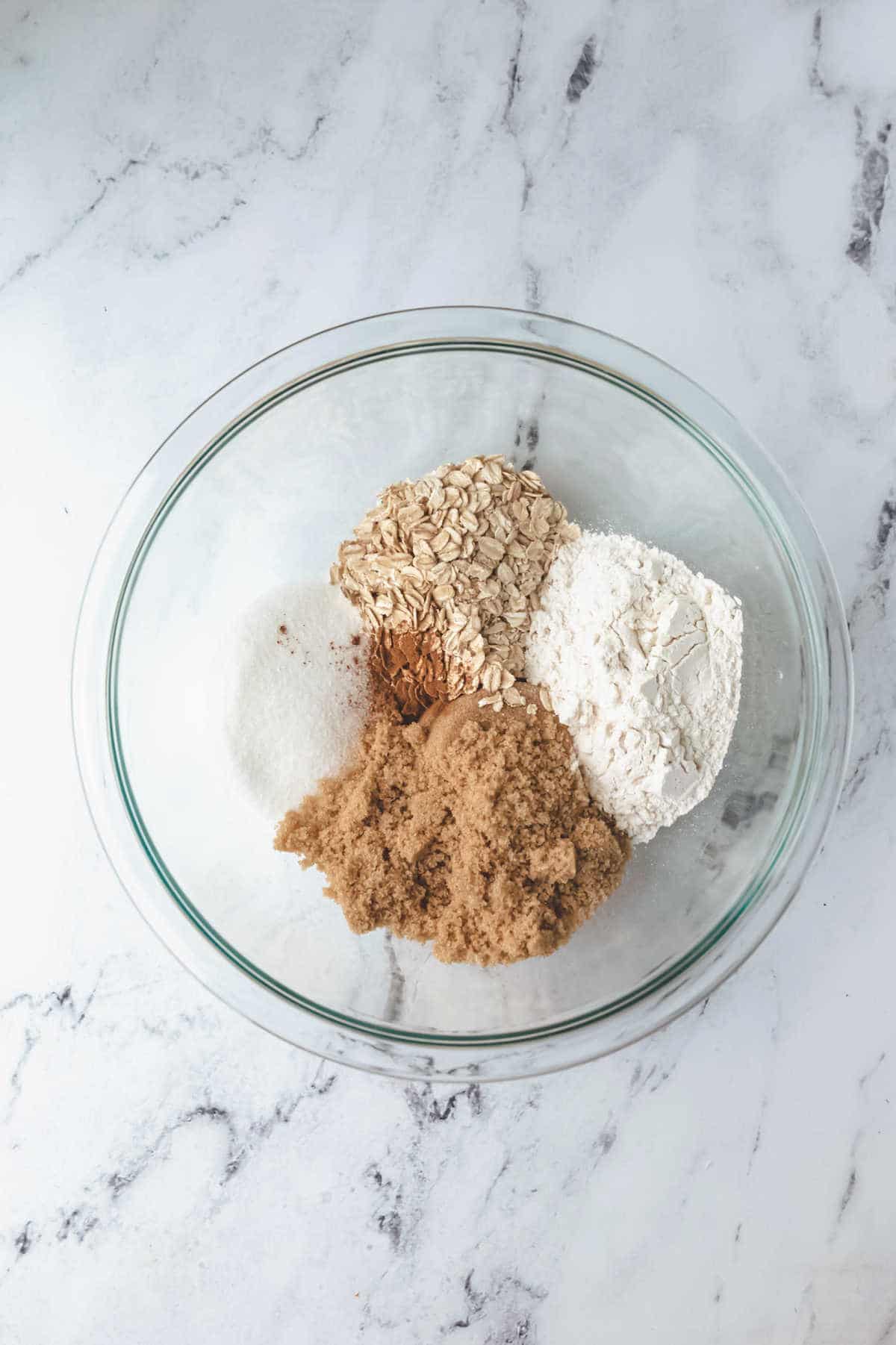 Crisp ingredients in a glass mixing bowl. 