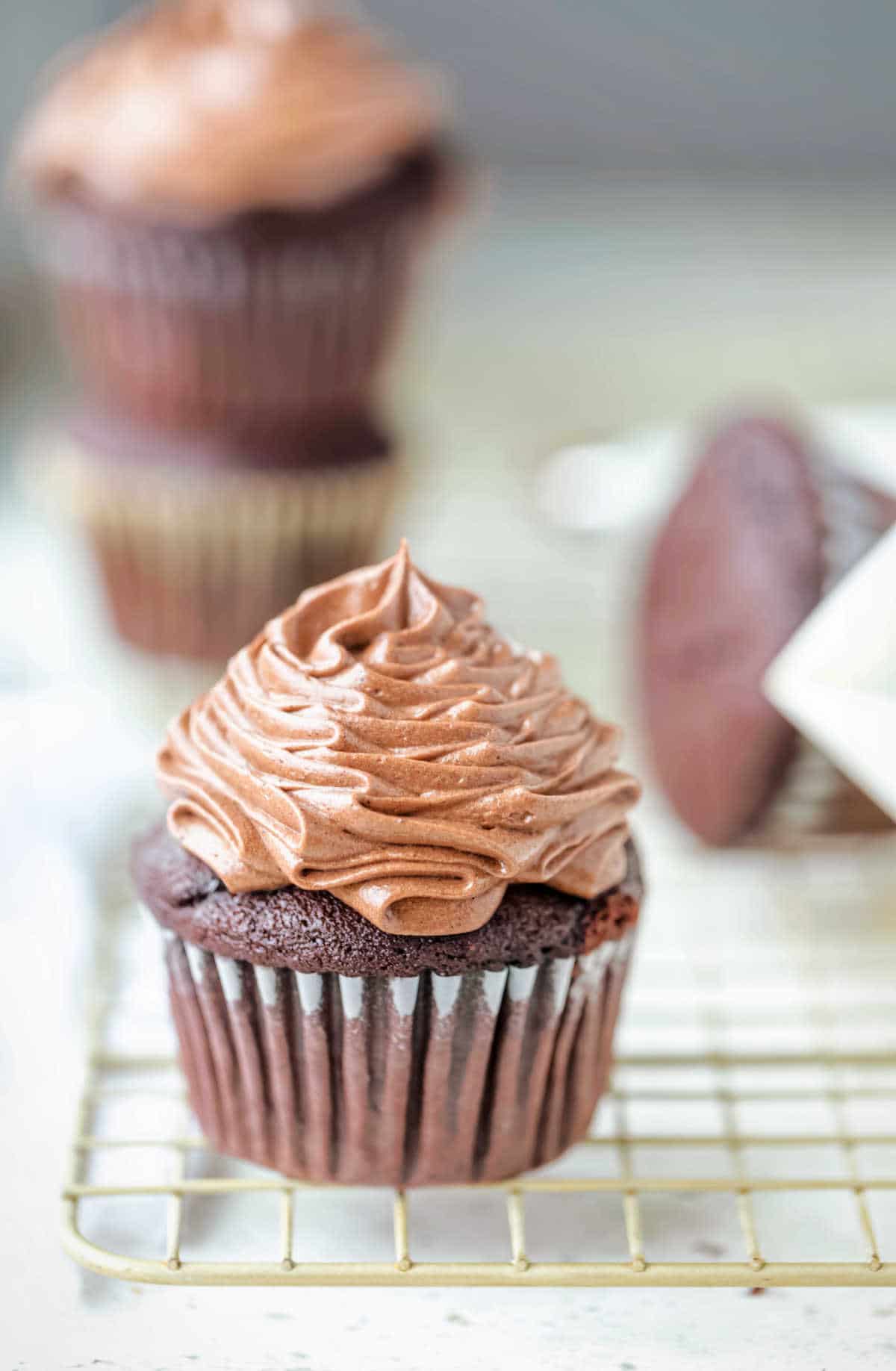Chocolate cupcake topped with a ruffle of chocolate cream cheese frosting.