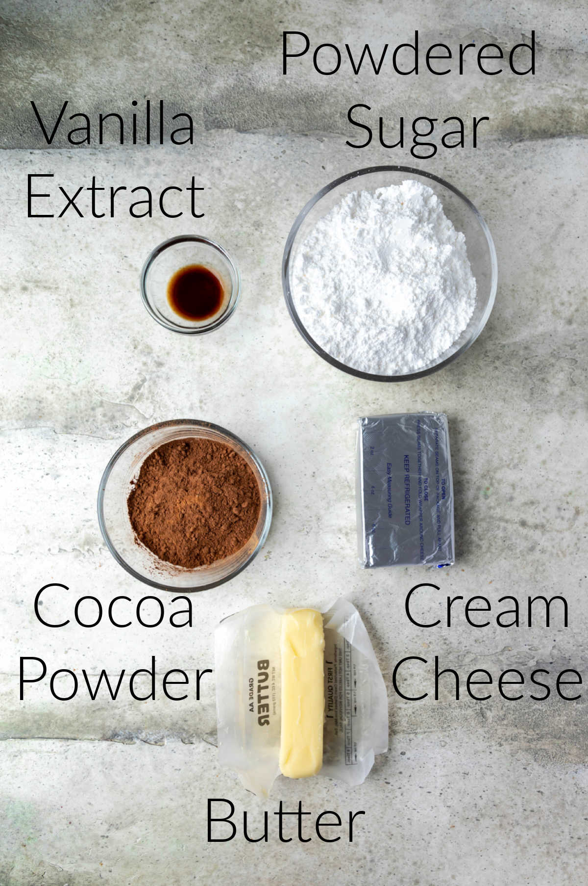 Ingredients for chocolate cream cheese frosting labeled with text. 