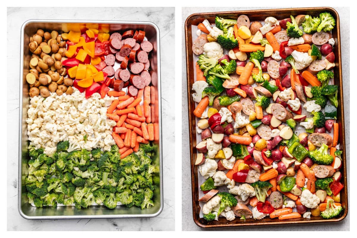 Veggies potatoes and sausage in a deep roasting pan. 