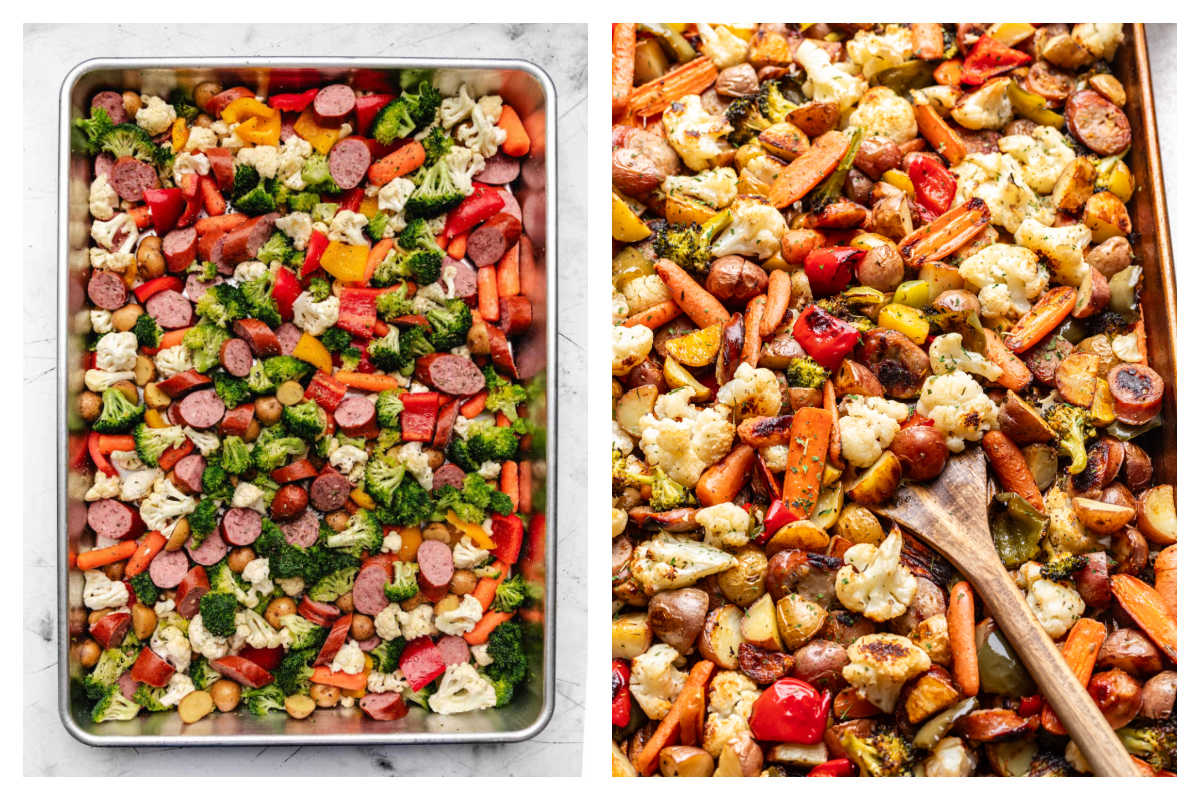 Seasoning on veggies and kielbasa in a roasting pan next to finished sausage and veggies in a pan.