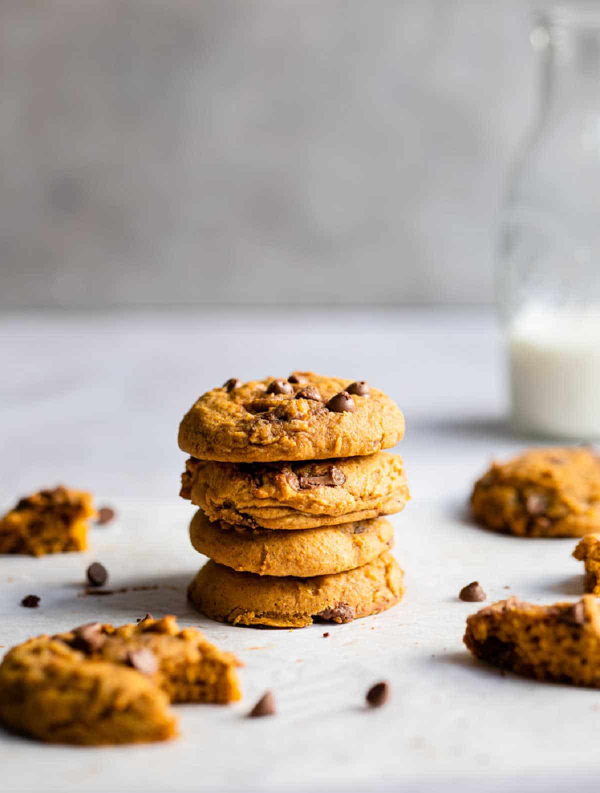 Stack of pumpkin chocolate chip cookies. 