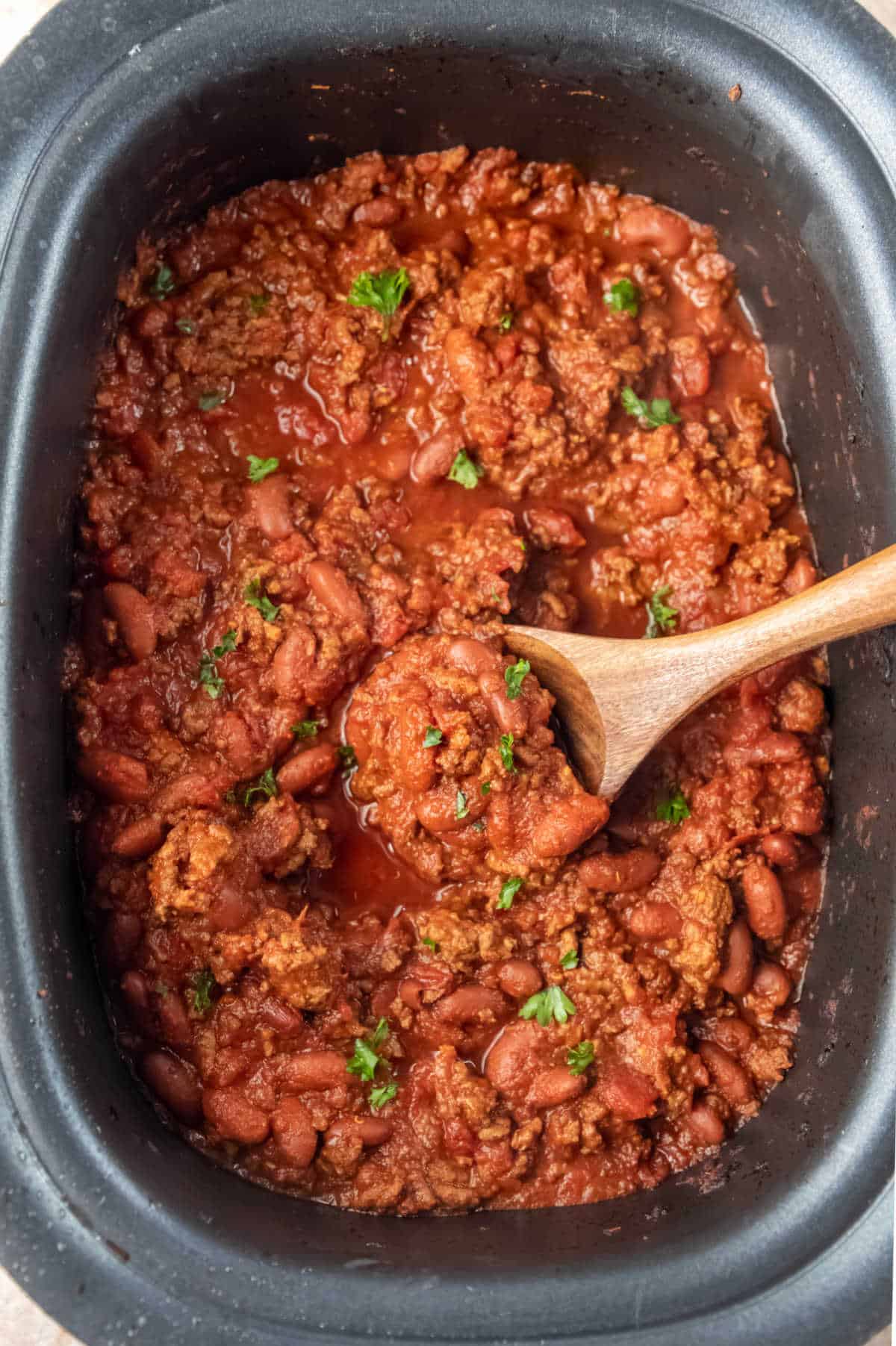 Chili in a crock pot. 