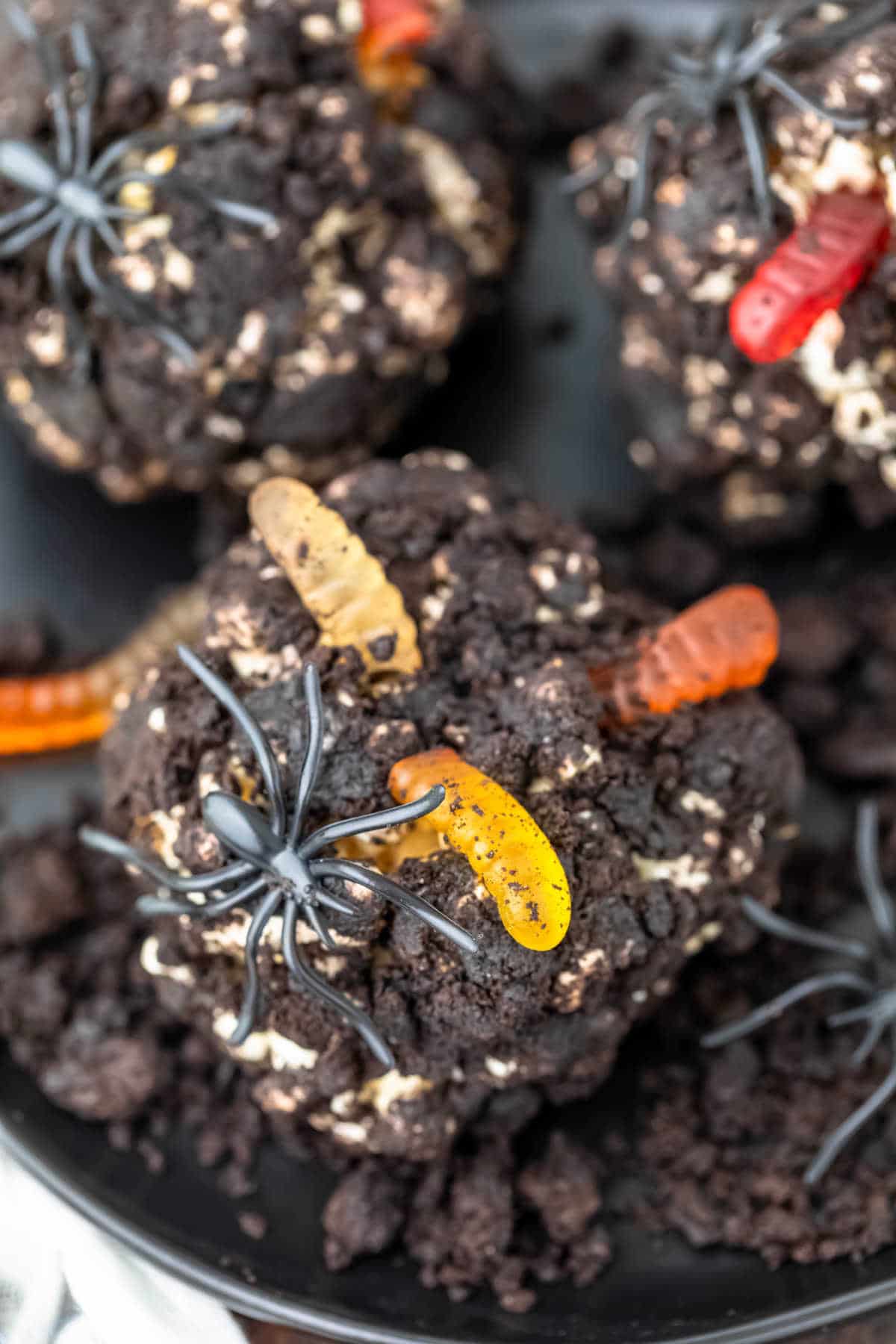 Plastic spiders on dirt balls. 